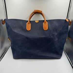 Bric’s Italy Leather Trim Blue Canvas Duffel Bag Weekender Travel Carry On